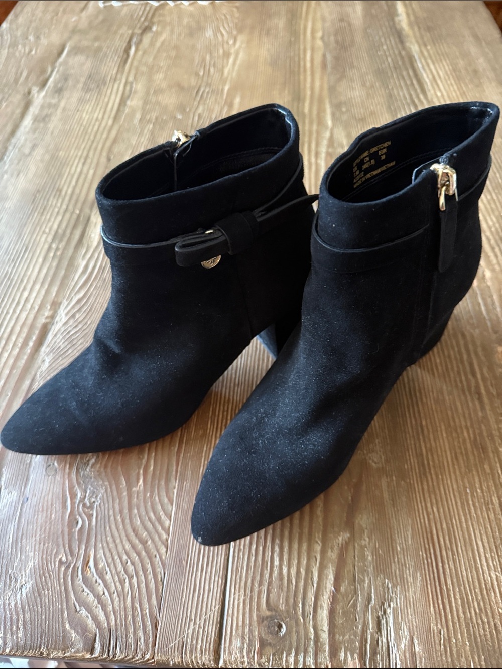 kate spade Black Suede Pointed Toe Ankle Booties with Gold Zip Detail